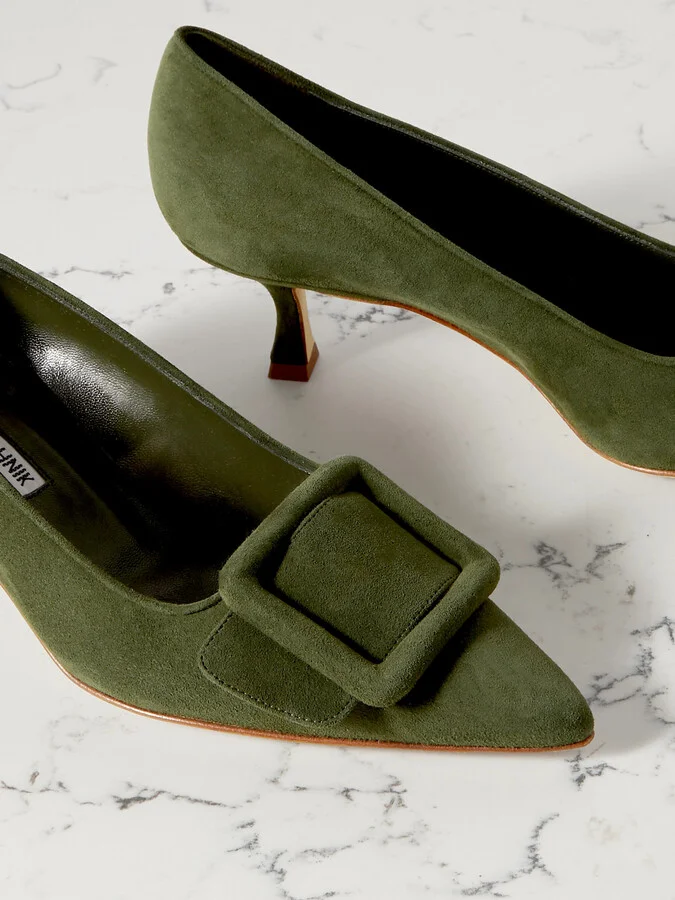Manolo Blahnik - Maysale 50 Buckled Suede Pumps - Green - Image 4