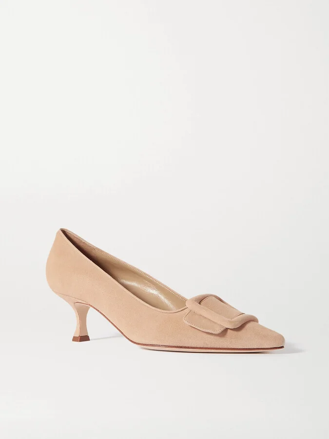 Manolo Blahnik - Maysale 50 Buckled Suede Pumps - Neutrals