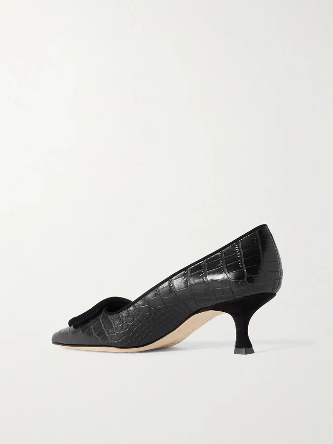 Manolo Blahnik - Maysale 50 Buckled Suede-trimmed Croc-effect Leather Point-toe Pumps - Black - Image 3