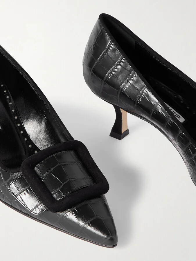 Manolo Blahnik - Maysale 50 Buckled Suede-trimmed Croc-effect Leather Point-toe Pumps - Black - Image 4