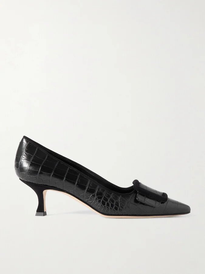 Manolo Blahnik - Maysale 50 Buckled Suede-trimmed Croc-effect Leather Point-toe Pumps - Black