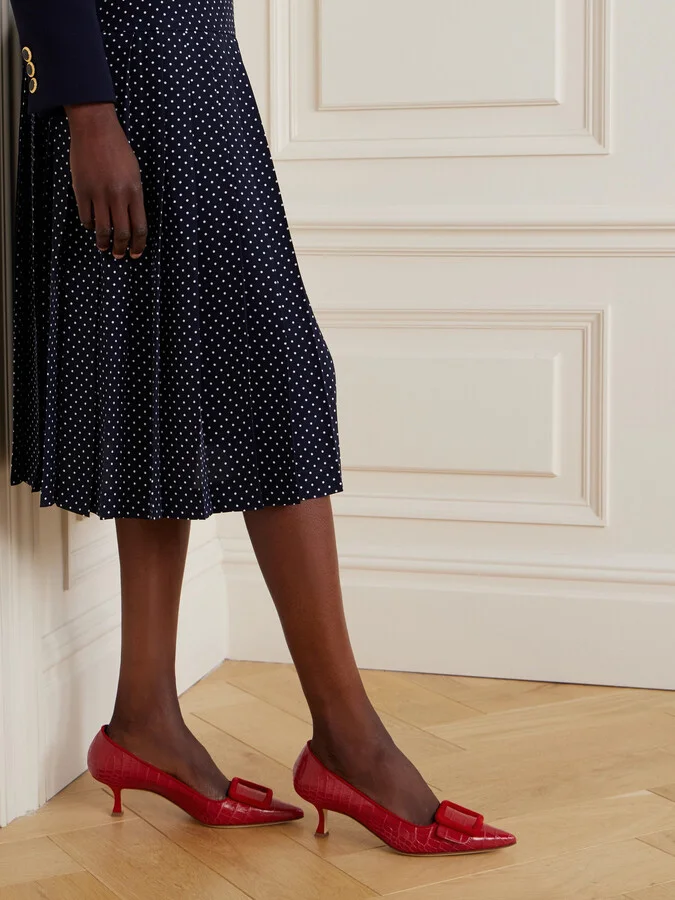 Manolo Blahnik - Maysale 50 Buckled Suede-trimmed Croc-effect Leather Pumps - Red - Image 2