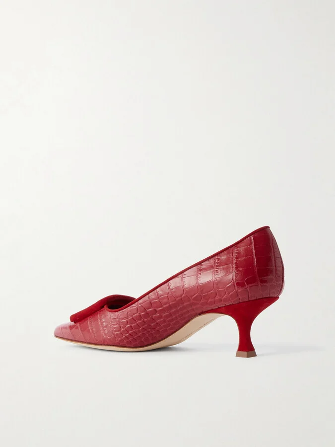 Manolo Blahnik - Maysale 50 Buckled Suede-trimmed Croc-effect Leather Pumps - Red - Image 3