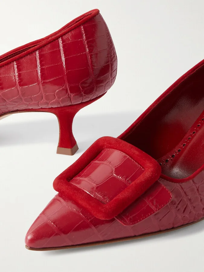 Manolo Blahnik - Maysale 50 Buckled Suede-trimmed Croc-effect Leather Pumps - Red - Image 4