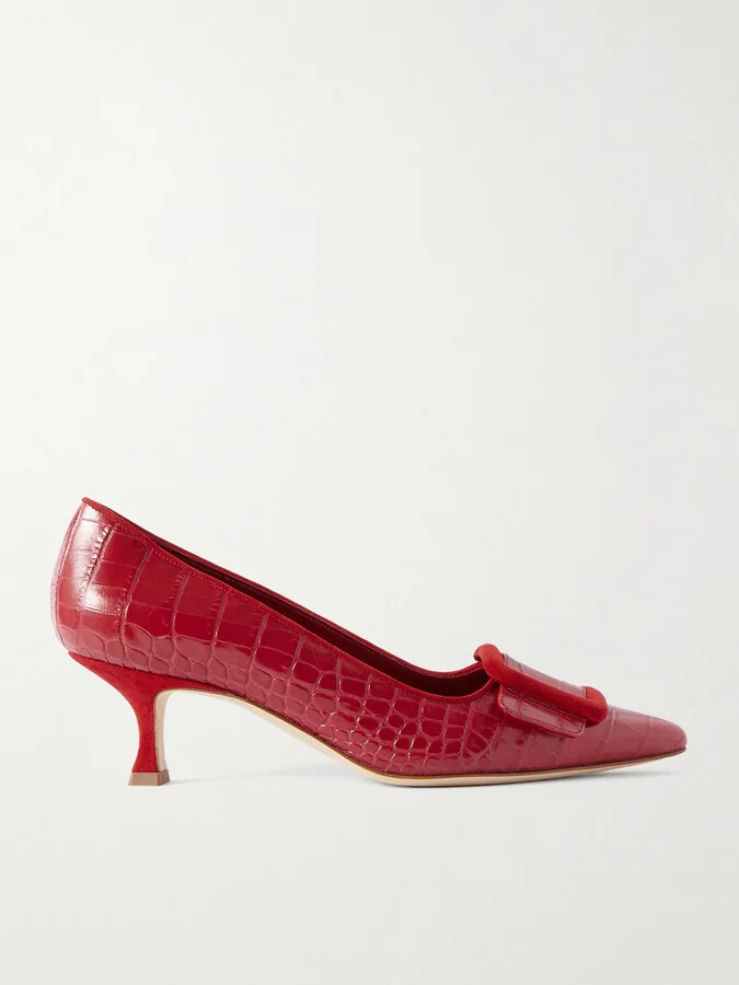 Manolo Blahnik - Maysale 50 Buckled Suede-trimmed Croc-effect Leather Pumps - Red