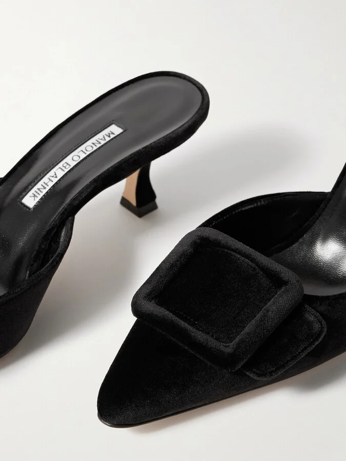 Manolo Blahnik - Maysale 50 Buckled Velvet Mules - Black - Image 4