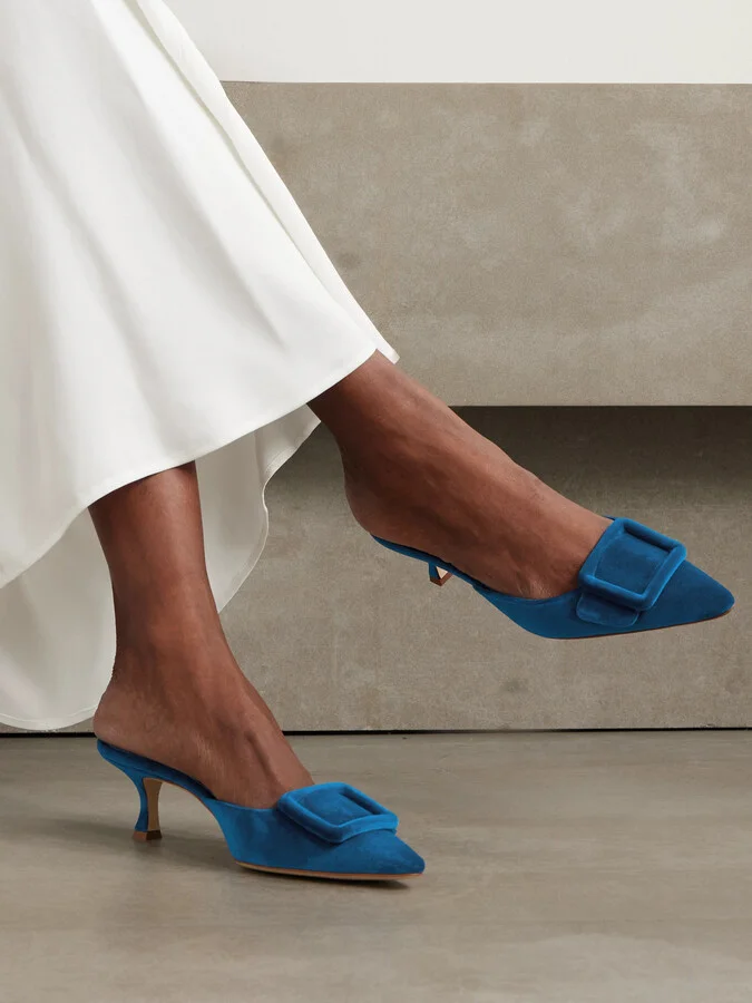 Manolo Blahnik - Maysale 50 Buckled Velvet Mules - Blue - Image 2