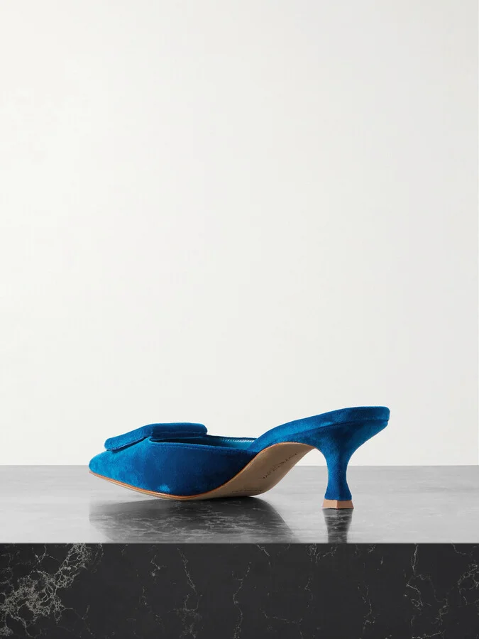 Manolo Blahnik - Maysale 50 Buckled Velvet Mules - Blue - Image 3