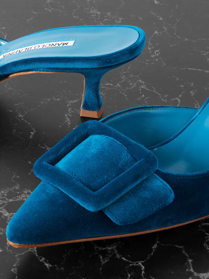 Manolo Blahnik - Maysale 50 Buckled Velvet Mules - Blue - Image 4