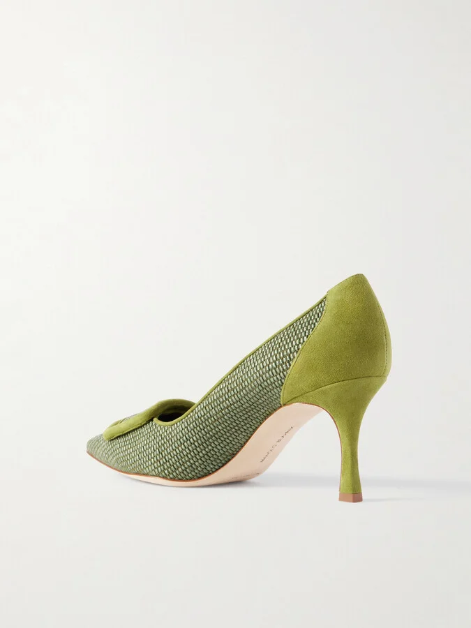 Manolo Blahnik - Maysale 70 Buckle-embellished Suede-trimmed Woven Raffia Pumps - Green - Image 3