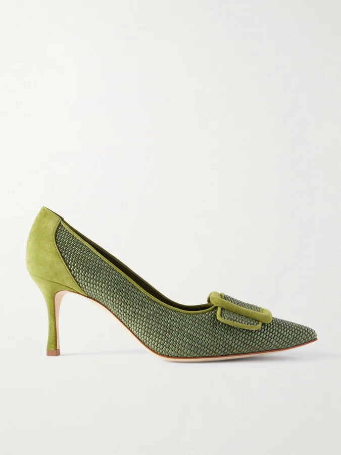 Manolo Blahnik - Maysale 70 Buckle-embellished Suede-trimmed Woven Raffia Pumps - Green