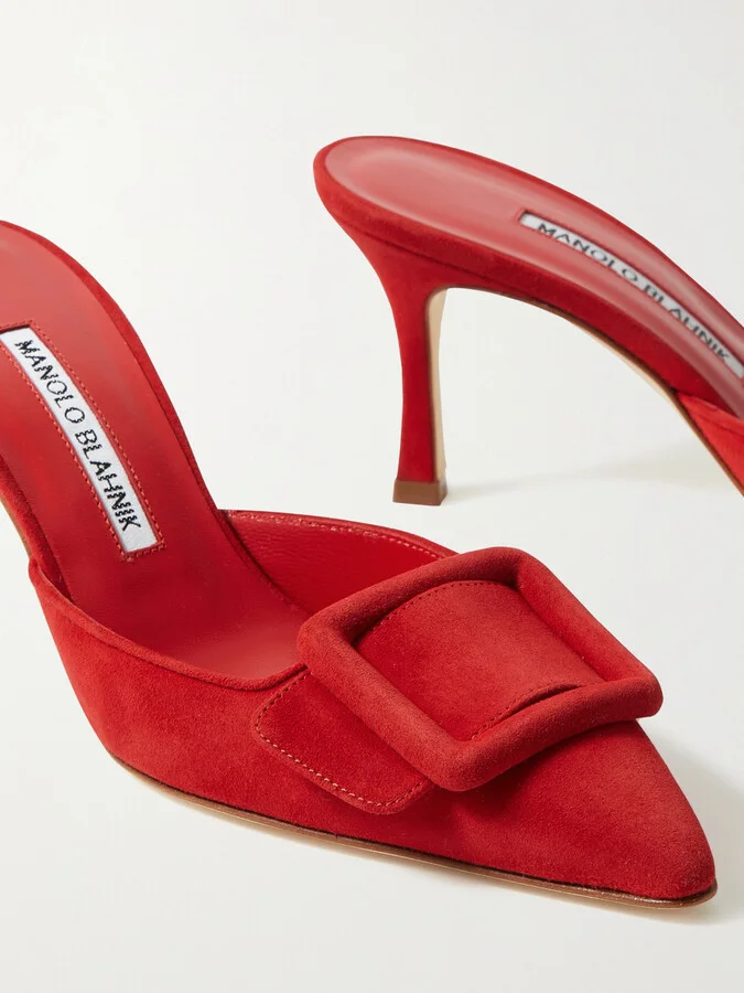 Manolo Blahnik - Maysale 70 Buckled Suede Mules - Red - Image 4