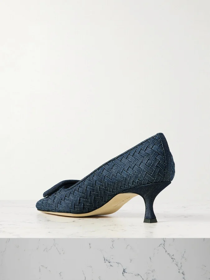 Manolo Blahnik - Maysale 70 Buckled Woven Denim Pumps - Blue - Image 3