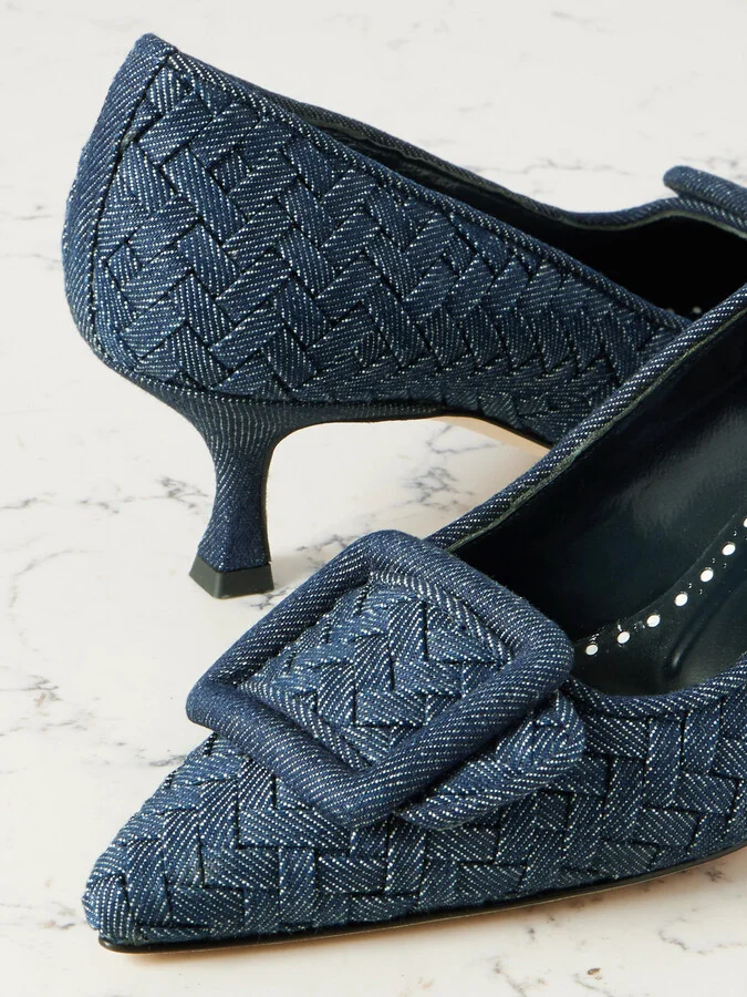 Manolo Blahnik - Maysale 70 Buckled Woven Denim Pumps - Blue - Image 4