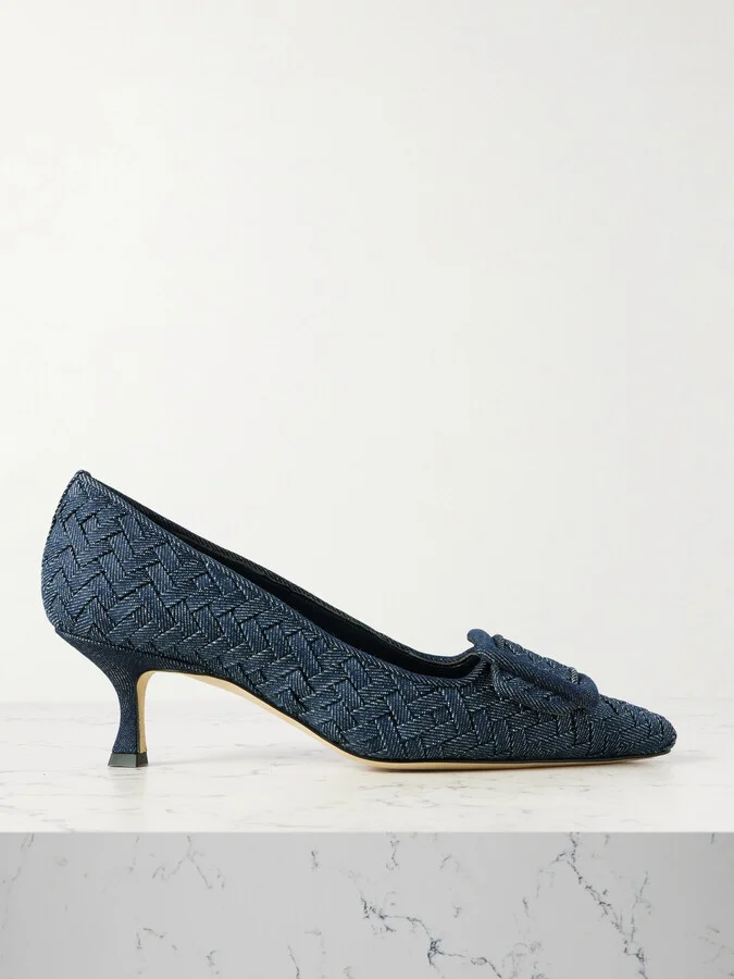 Manolo Blahnik - Maysale 70 Buckled Woven Denim Pumps - Blue