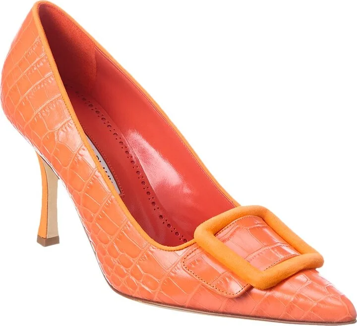 Manolo Blahnik Maysale 90 Croc-Embossed Leather & Suede Pump