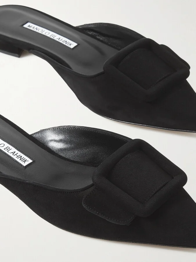 Manolo Blahnik - Maysale Buckled Suede Point-toe Flats - Black - Image 4