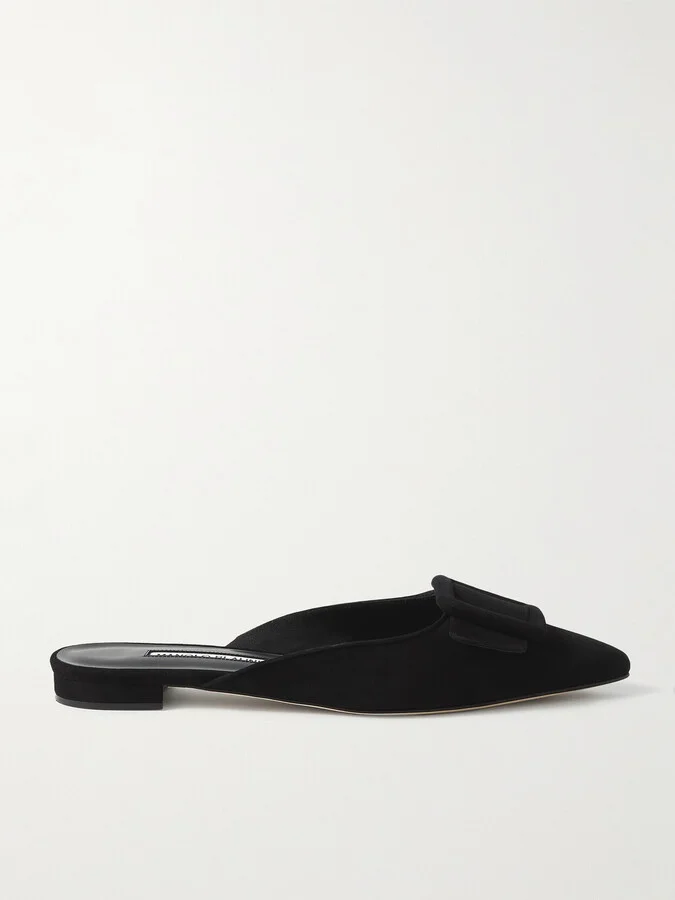 Manolo Blahnik - Maysale Buckled Suede Point-toe Flats - Black