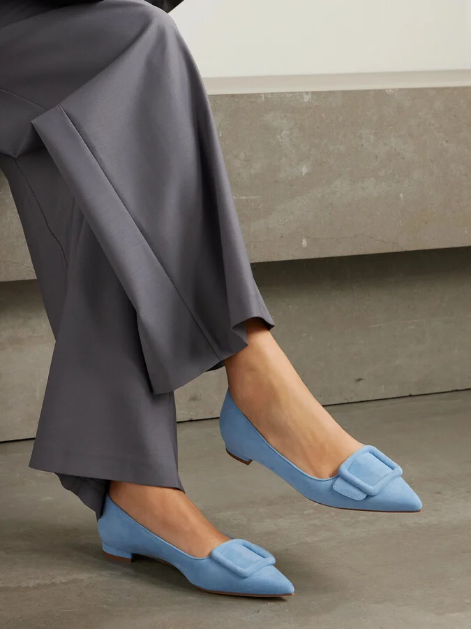 Manolo Blahnik - Maysale Buckled Suede Point-toe Flats - Blue - Image 2