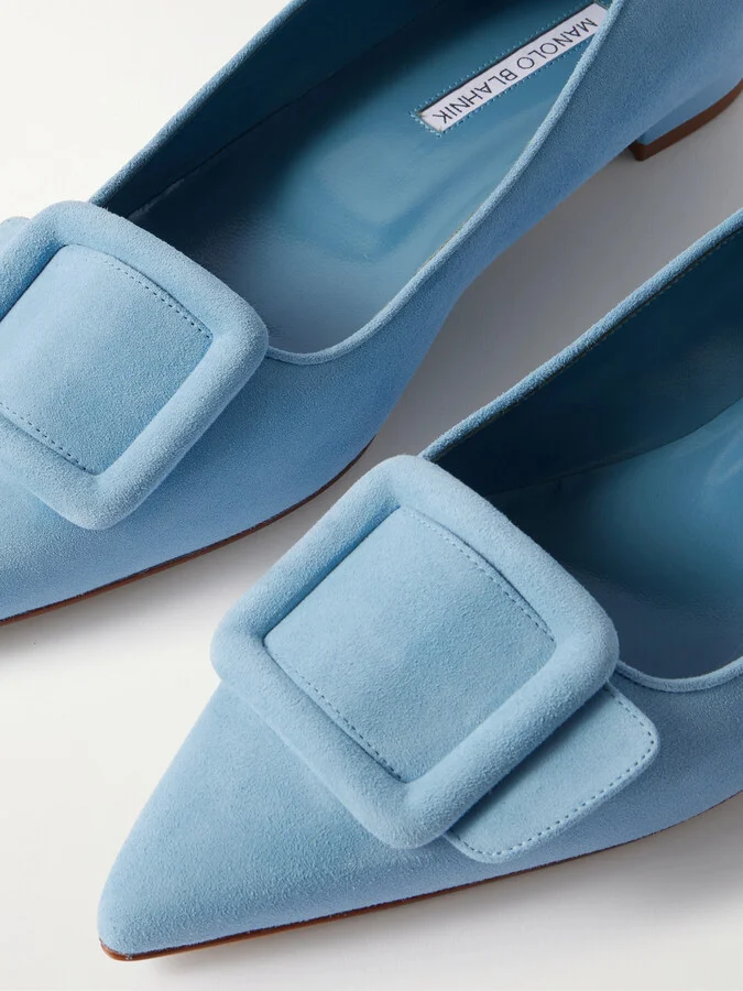 Manolo Blahnik - Maysale Buckled Suede Point-toe Flats - Blue - Image 4