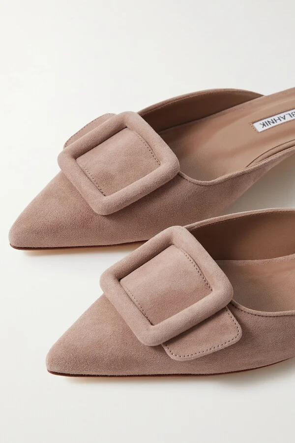 Manolo Blahnik - Maysale Buckled Suede Point-toe Flats - Brown - Image 4