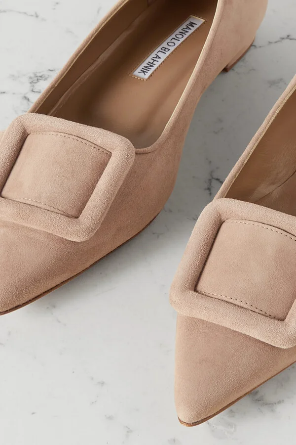 Manolo Blahnik - Maysale Buckled Suede Point-toe Flats - Brown - Image 4