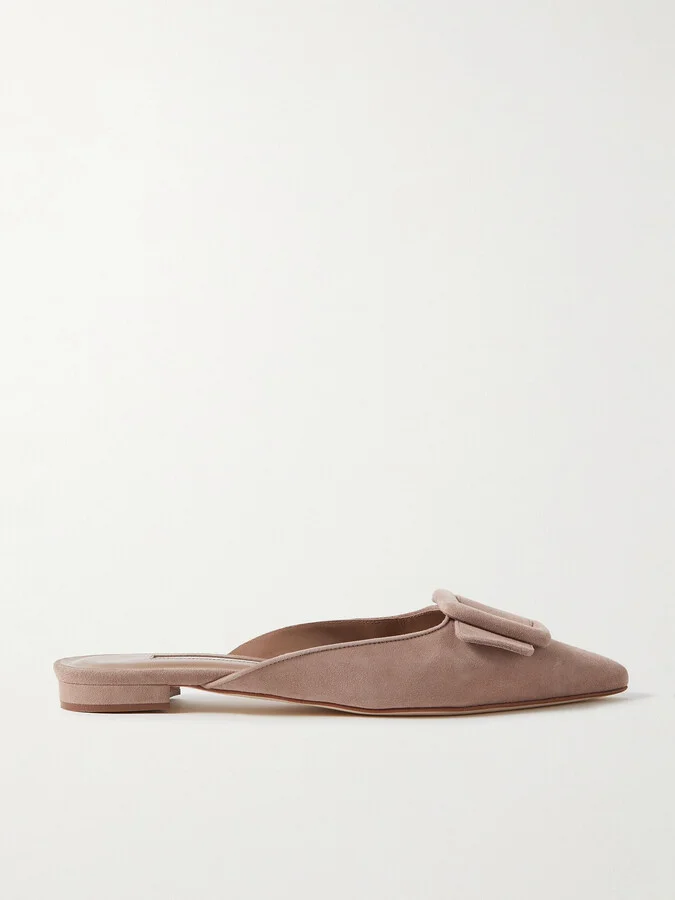Manolo Blahnik - Maysale Buckled Suede Point-toe Flats - Brown