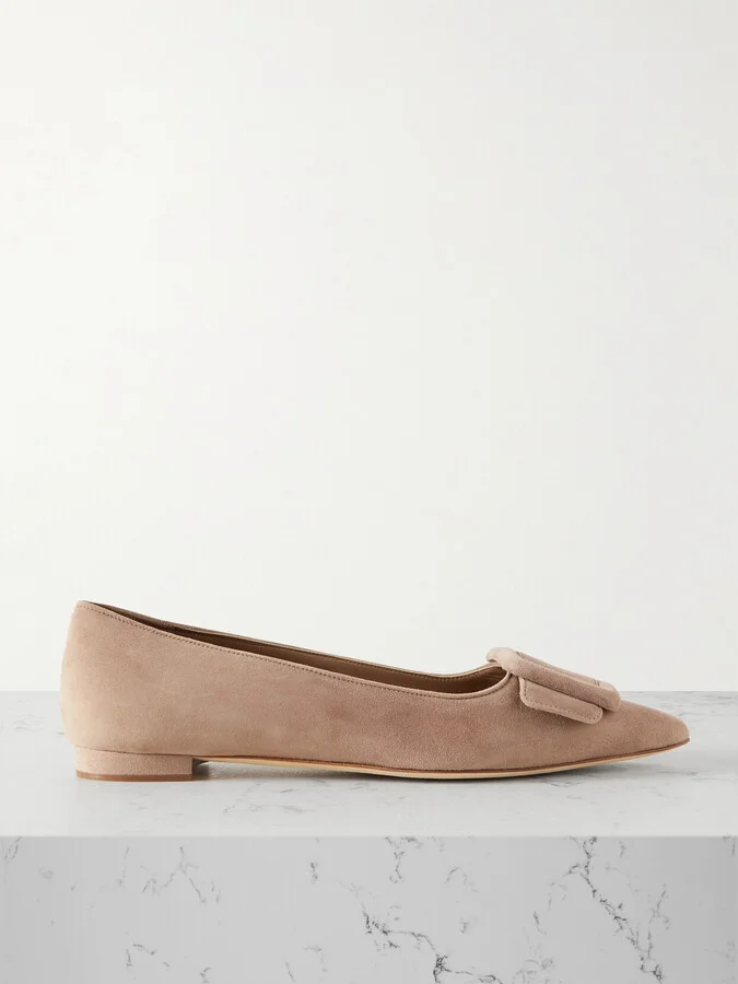 Manolo Blahnik - Maysale Buckled Suede Point-toe Flats - Brown