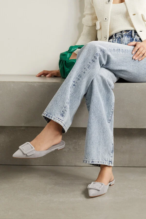 Manolo Blahnik - Maysale Buckled Suede Point-toe Flats - Gray - Image 2