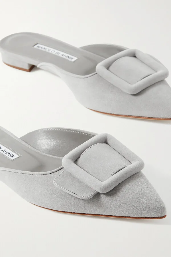 Manolo Blahnik - Maysale Buckled Suede Point-toe Flats - Gray - Image 4