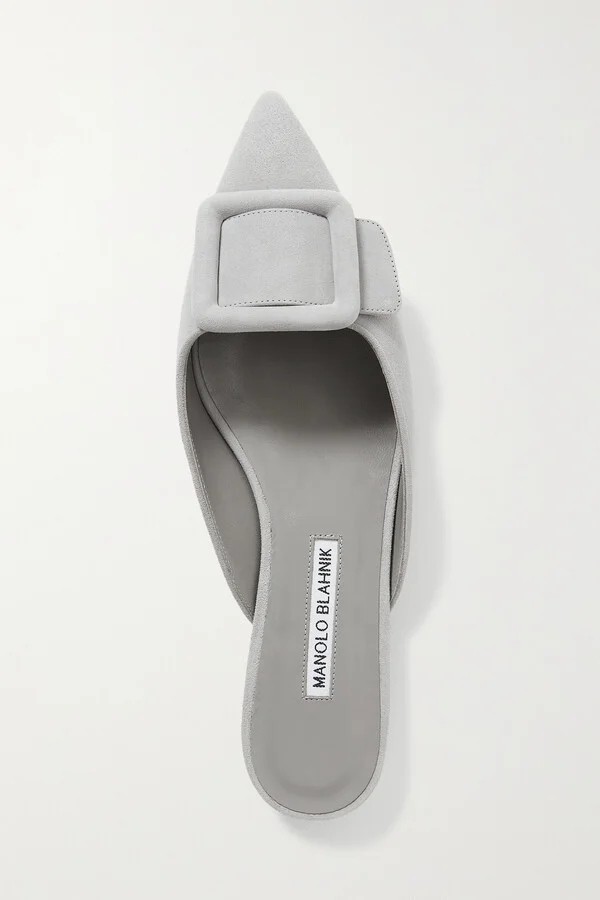 Manolo Blahnik - Maysale Buckled Suede Point-toe Flats - Gray - Image 5