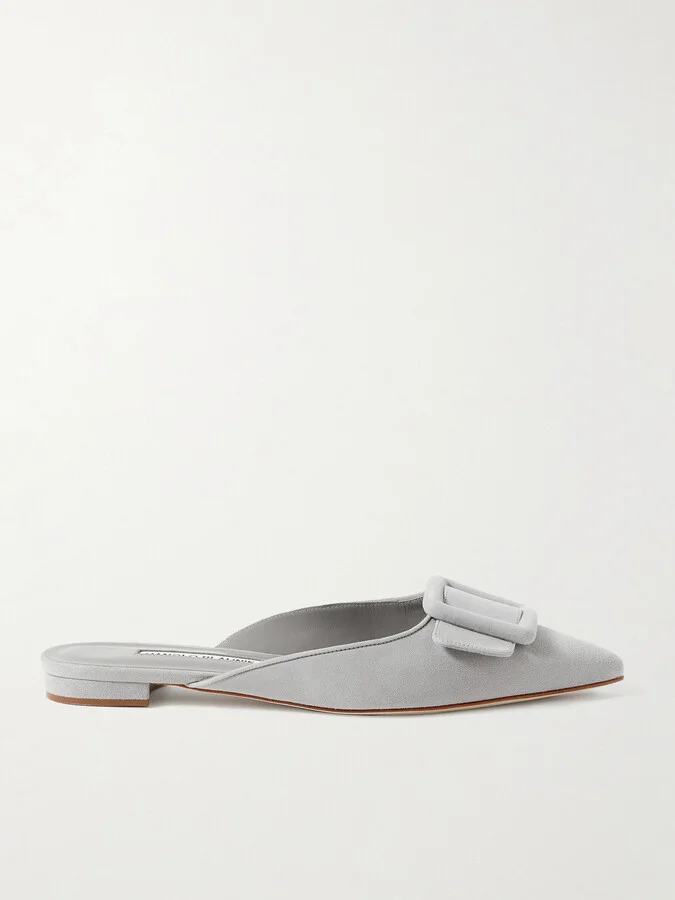 Manolo Blahnik - Maysale Buckled Suede Point-toe Flats - Gray