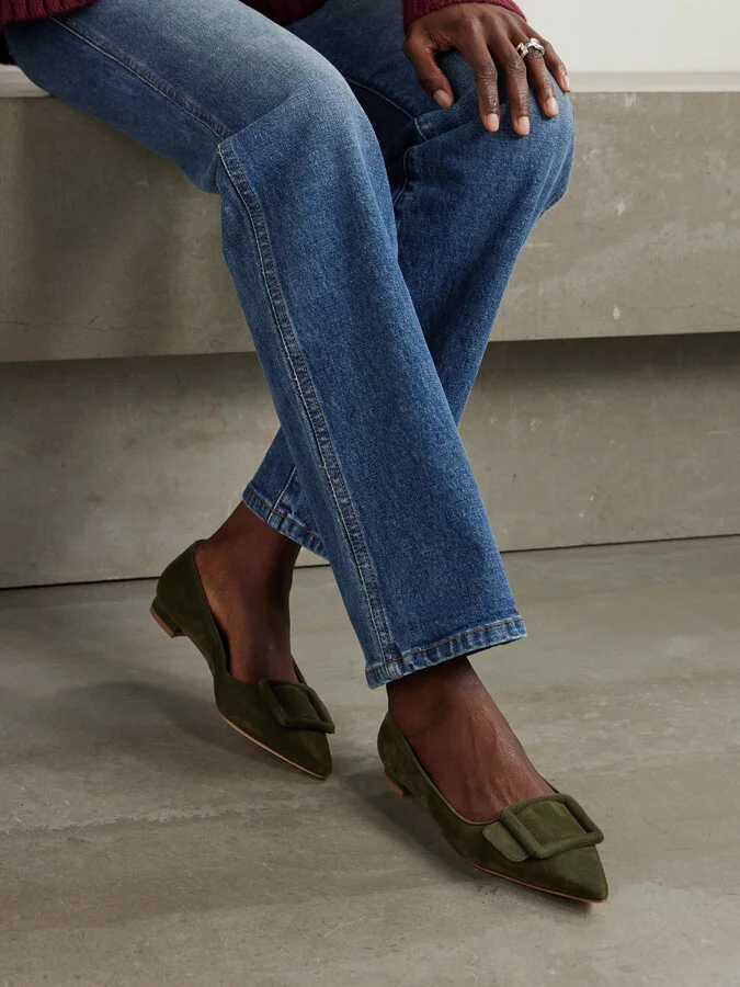 Manolo Blahnik - Maysale Buckled Suede Point-toe Flats - Green - Image 2