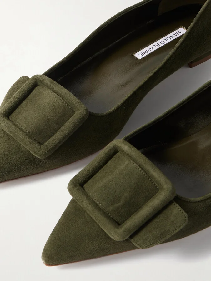 Manolo Blahnik - Maysale Buckled Suede Point-toe Flats - Green - Image 4