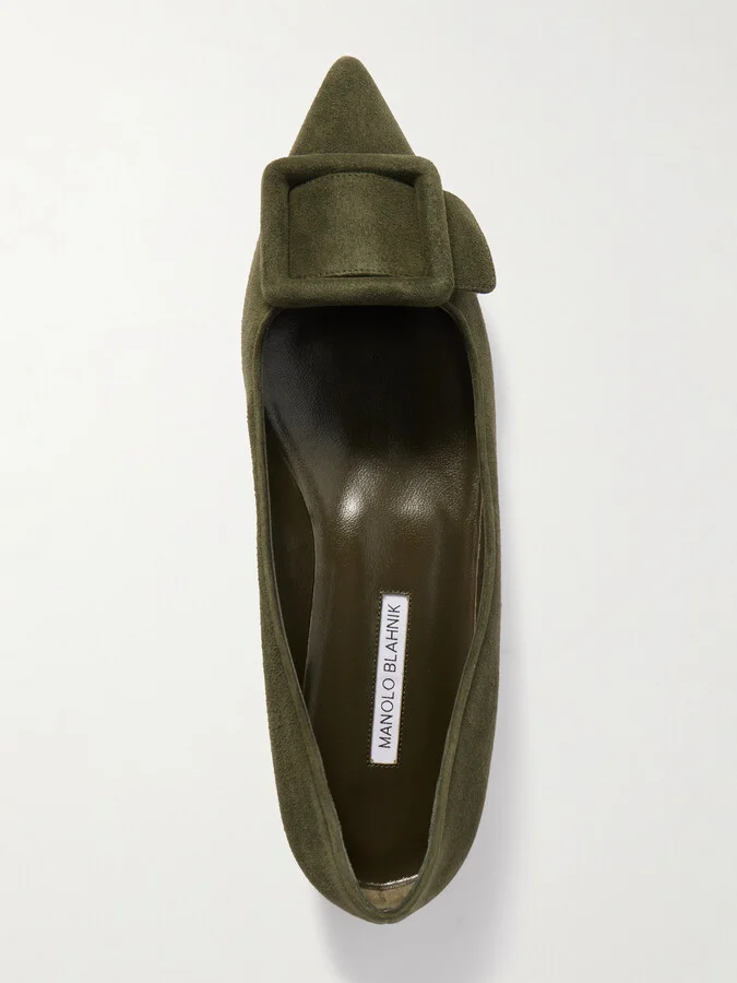 Manolo Blahnik - Maysale Buckled Suede Point-toe Flats - Green - Image 5
