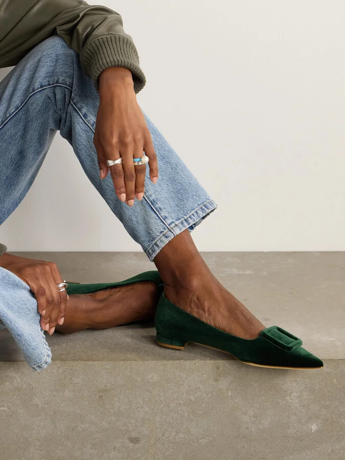 Manolo Blahnik - Maysale Velvet Pointed-toe Flats - Green - Image 2