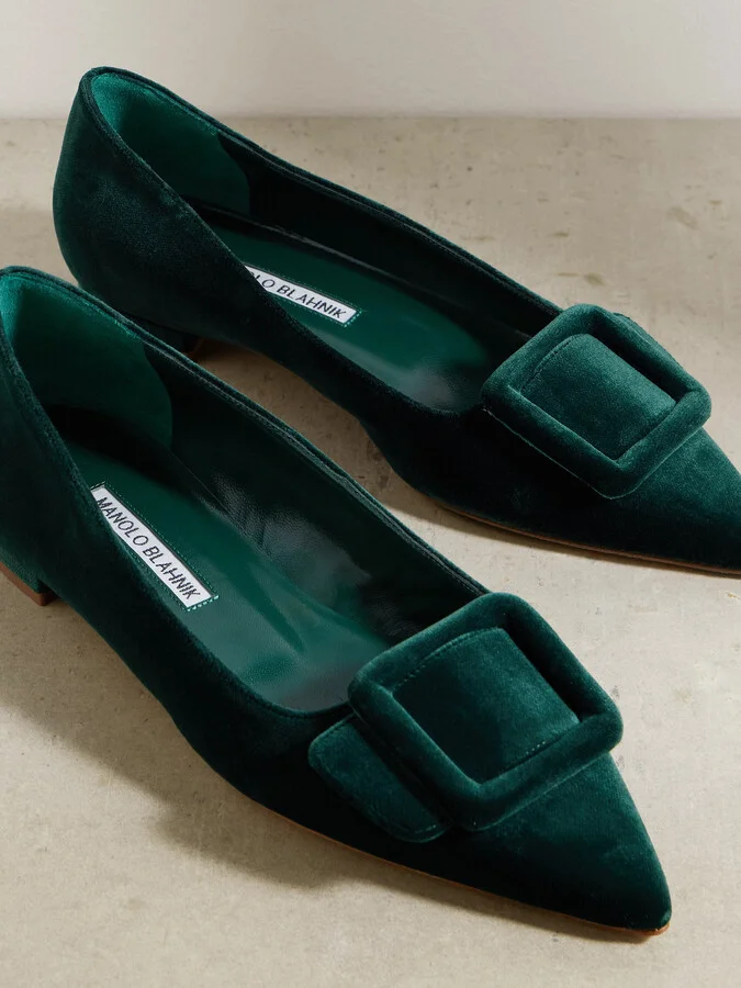 Manolo Blahnik - Maysale Velvet Pointed-toe Flats - Green - Image 4