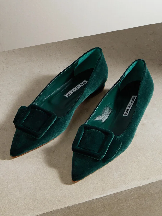 Manolo Blahnik - Maysale Velvet Pointed-toe Flats - Green - Image 5