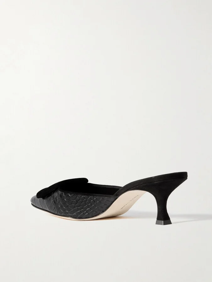 Manolo Blahnik - Maysalebi 50 Suede-trimmed Croc-effect Leather Mules - Black - Image 3