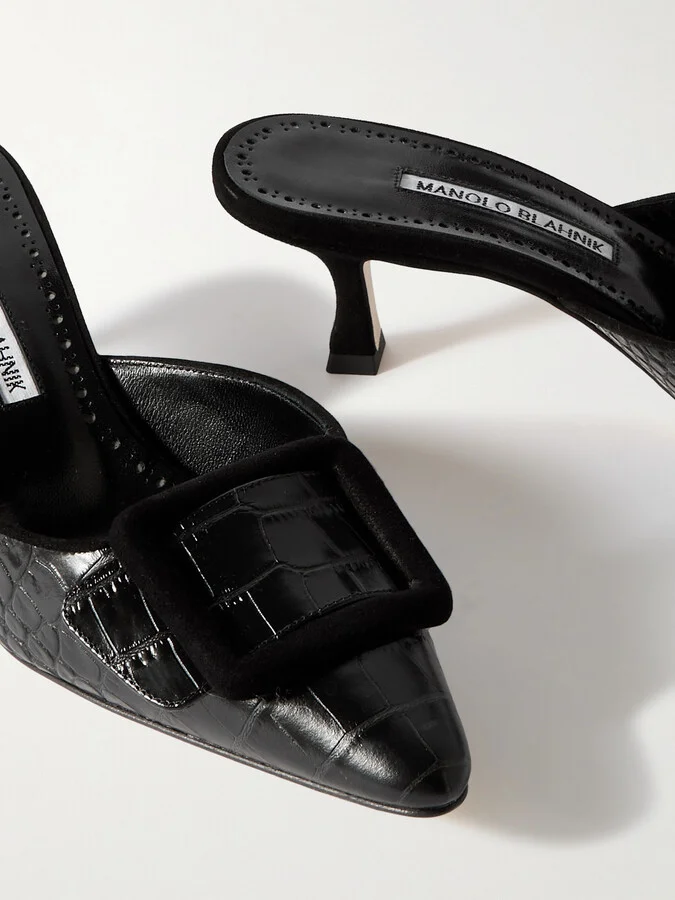 Manolo Blahnik - Maysalebi 50 Suede-trimmed Croc-effect Leather Mules - Black - Image 4