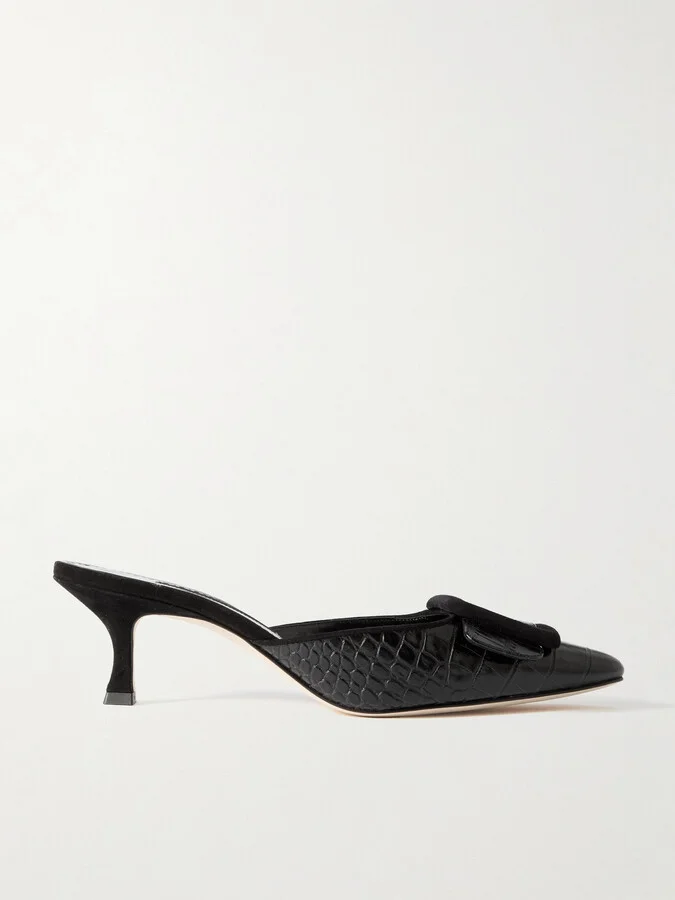 Manolo Blahnik - Maysalebi 50 Suede-trimmed Croc-effect Leather Mules - Black