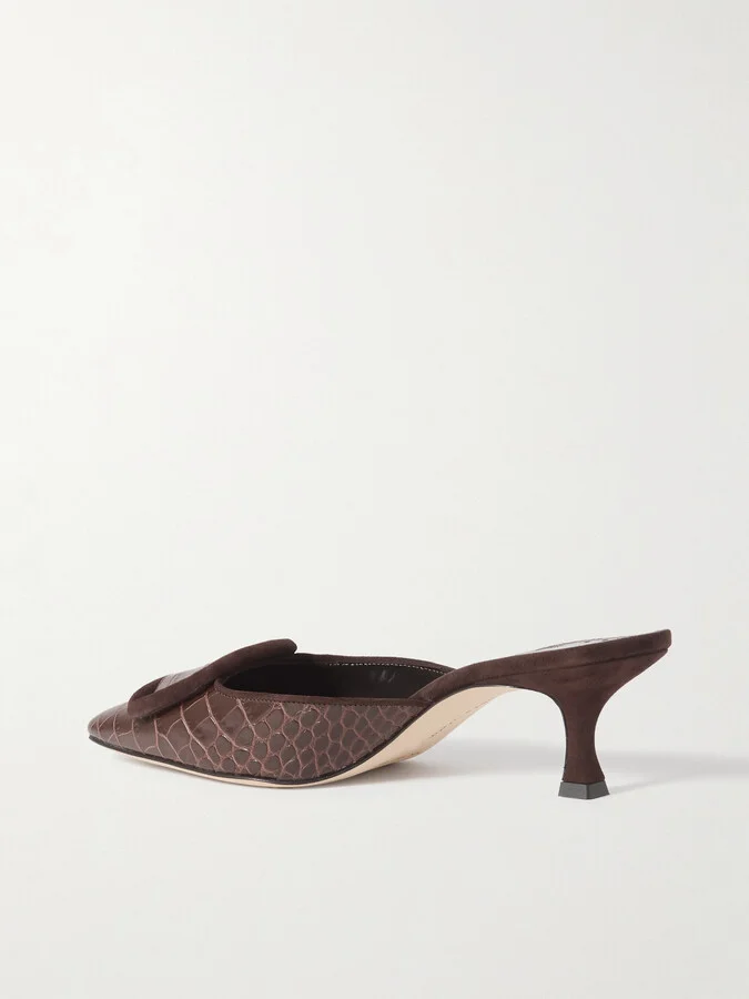 Manolo Blahnik - Maysalebi 50 Suede-trimmed Croc-effect Leather Mules - Brown - Image 3