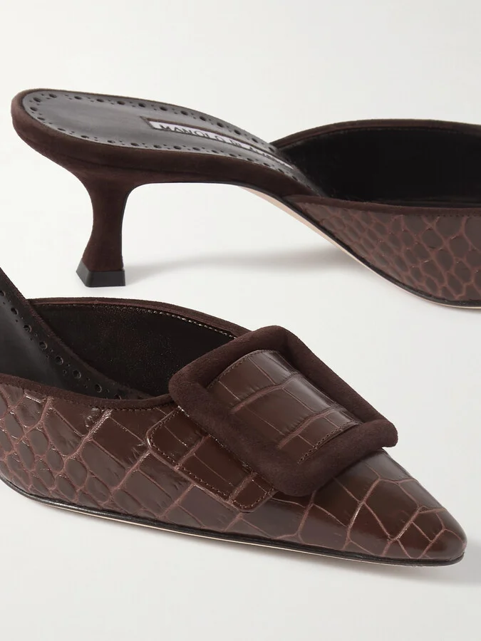 Manolo Blahnik - Maysalebi 50 Suede-trimmed Croc-effect Leather Mules - Brown - Image 4