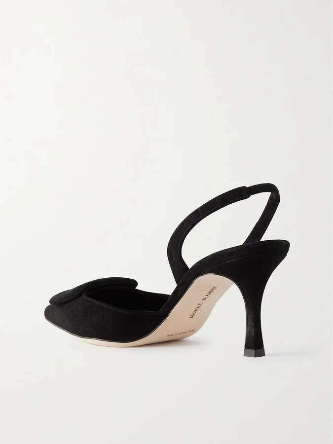 Manolo Blahnik - Maysli 70 Buckled Suede Slingback Pumps - Black - Image 3