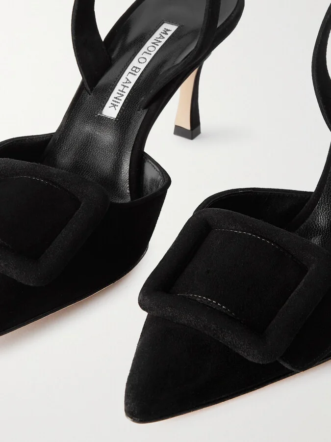 Manolo Blahnik - Maysli 70 Buckled Suede Slingback Pumps - Black - Image 4