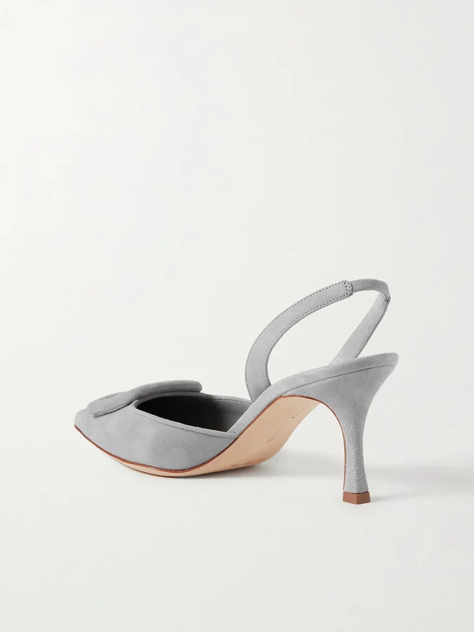 Manolo Blahnik - Maysli 70 Buckled Suede Slingback Pumps - Gray - Image 3