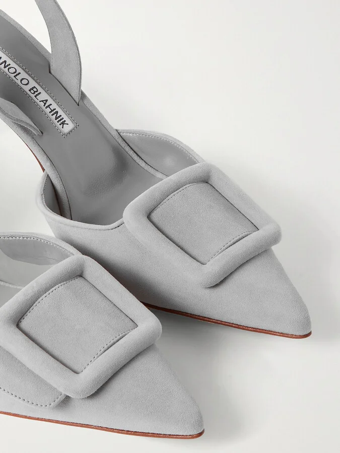 Manolo Blahnik - Maysli 70 Buckled Suede Slingback Pumps - Gray - Image 4