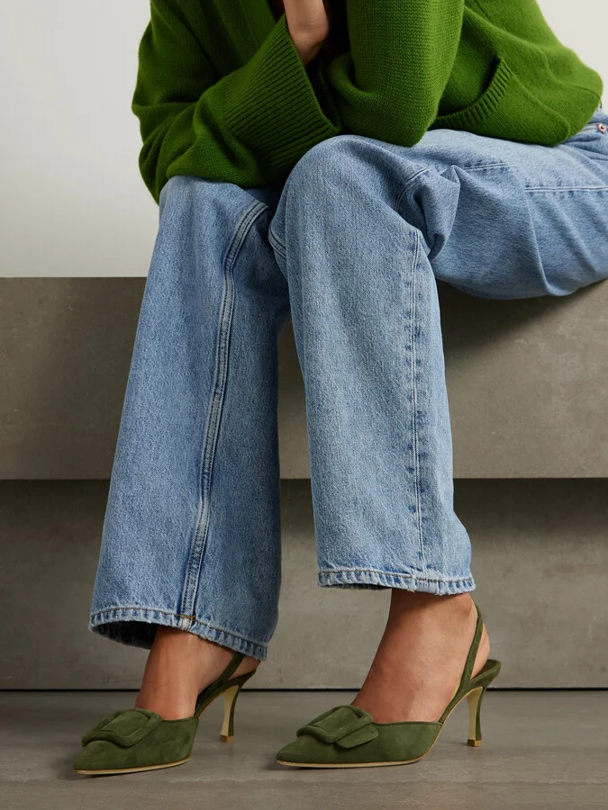 Manolo Blahnik - Maysli 70 Buckled Suede Slingback Pumps - Green - Image 2