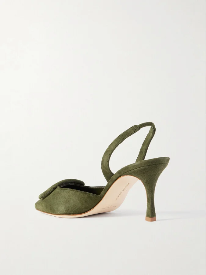 Manolo Blahnik - Maysli 70 Buckled Suede Slingback Pumps - Green - Image 3