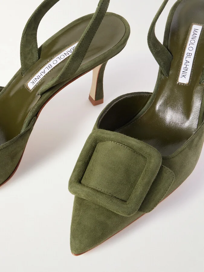Manolo Blahnik - Maysli 70 Buckled Suede Slingback Pumps - Green - Image 4